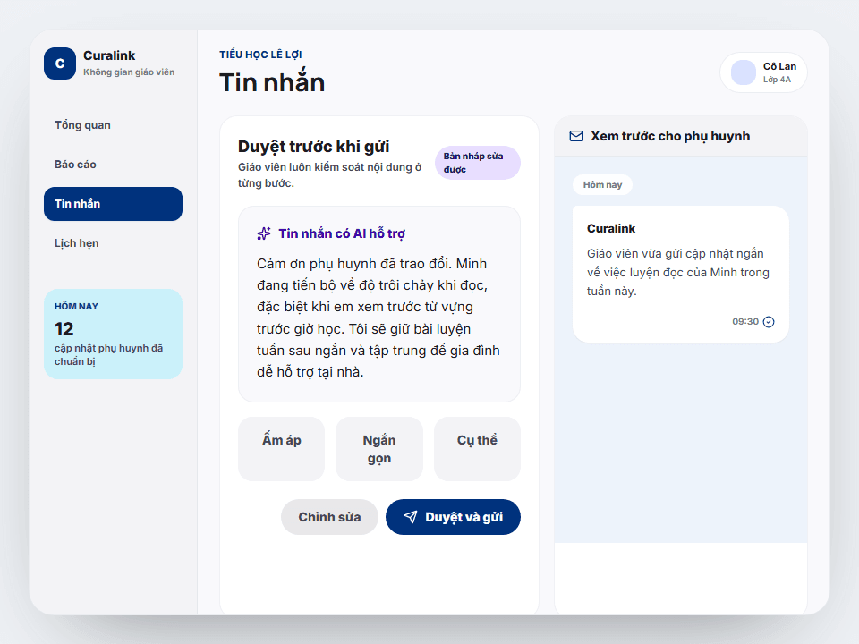 Không gian duyệt tin nhắn của Curalink với bản nháp AI có thể chỉnh sửa và phần xem trước cho phụ huynh.